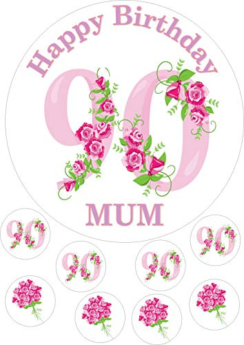cdb 90th Birthday pink roses Round 7.5 Inch with 8 smaller cupcake toppers edible Iced Topper Frosting Icing Personalised