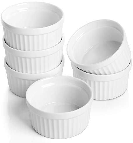 Samsle Porcelain Ramekins 4 oz Oven Safe, Small Souffle Dishes for Creme Brulee, Ice Cream, Dipping and Sauces Cup, Ceramic White Mini Baking Bowls Set of 6