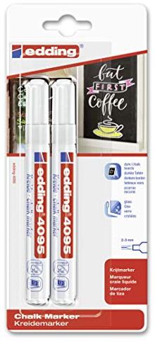 Edding Kreidemarker 4095 - weiß - 2 Kreidestifte - Rundspitze 2-3 mm - Trocken abwischbarer Stift für Kreidetafeln - für Fenster, Glas, Spiegel - Flüssigkreide-Marker für deckende Abdeckung