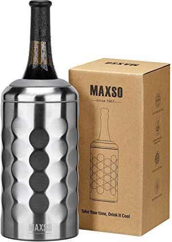 MAXSO Weinkühleimer, tragbarer 750 ml Champagner- und Weinflaschenkühler hält Wein und Getränke kalt, Edelstahl, vakuumisoliert, Weingeschenke für Weinliebhaber - Silber