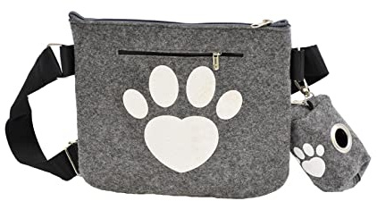 Geschenkestadl Set Hunde Futterbeutel Kotbeutelspender Leckerli Beutel Gassi Tasche Filz Grau Pfote, 22,5 cm x 19 cm