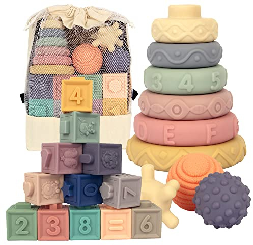 21PCS Montessori Toys for Babies,Teething Toys for Babies Months, 6 Months+, Early Educational Learning Stacking Tower, Sensory for Toddlers 1-3, Soft Rings Stacker & Teethers