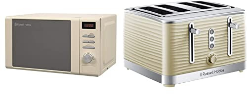 Russell Hobbs RHM2064C 20 Litre 800 W Cream Digital Heritage Microwave with 5 Power Levels, Easy Clean & 24384 Cream Inspire 4 Slice Toaster, Wide Slot with Lift and Look Feature, 1800 W
