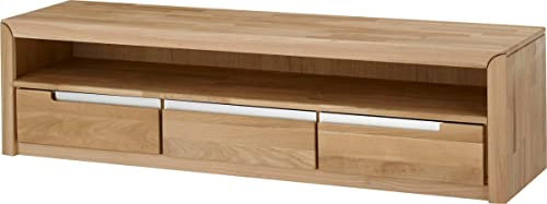 möbelando TV-Lowboard aus Wildeiche-biancoton geölt Vollmassiv mit 3 Schubkästen und 1 offenes Gerätefach. Breite 165 cm, Höhe 43 cm, Tiefe 46 cm