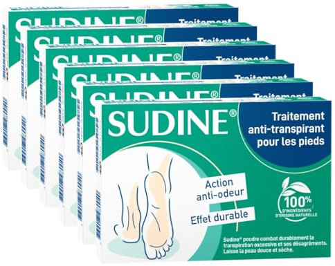 Sorifa – Lote de 6 – Sudine Polvo Tratamiento Antitranspirante – Pie – Regula el sudor – Absorbe – Previene las micosis – Sin sales de aluminio – Fabricado en Francia – Caja de 6 bolsas dobles