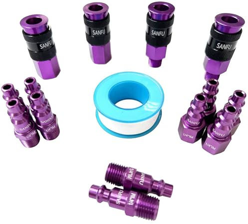 SANFU Air Hose Fittings, Aluminum AMT Universal Air Coupler and I/M Industrial Type Air Plug Kit, 1/4 Inch Threads Size, 1/4 Inch Body Size, 15 Pieces Air Compressor Accessories Fittings Kit(Purple)