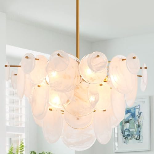 VANZARLA Dia 28 Inch, Modern Glass Chandeliers for Bedroom, Gold Dining Room Light Fixture, Large Vintage Pendant Chandelier for Living Room Stairway Entryway Kitchen Farmhouse Foyer