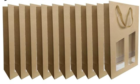 CREASTYL Ludi-Vin Kraftpapiertüten mit transparentem Fenster, für 2 Weinflaschen, 10 Stück
