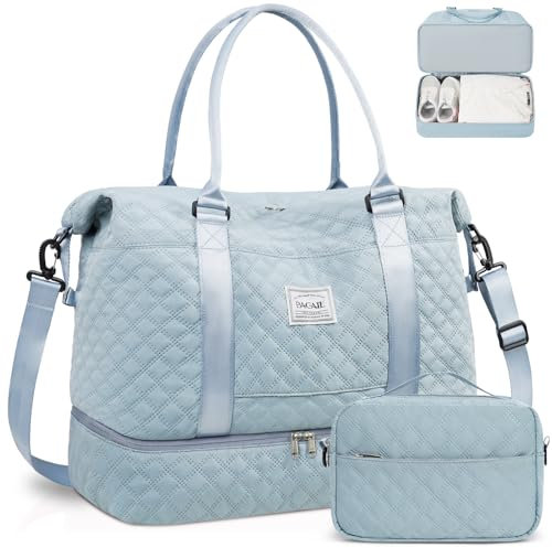 BAGAIL Reisetasche – Wochenend- und Übernachtungs-Fitness-Tragetasche mit Nasstasche, Muttertasche für Arbeit und Lieferung, A-Grid, Hellblau, Extra Large Set, Reisetasche mit Kulturbeutel