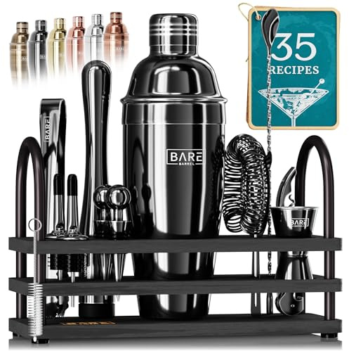 BARE BARREL® Mixology Kit de bar pour barman | Ensemble shaker à cocktail 14 pièces | Outils de mélange pour barman à domicile | 35 cartes de recettes | Coffret cadeau (shaker cordonnier de 680,4 g