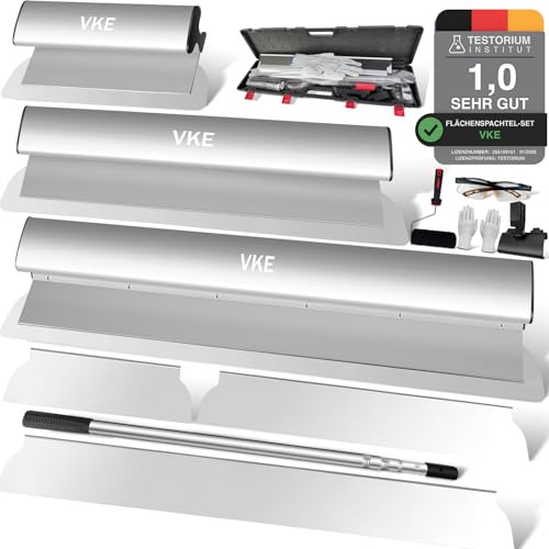 VKE Set Couteau a Enduire, Kit Couteau Enduire en Acier Inoxydable 30, 50 & 80 cm, Spatule Enduit Set avec Poignée d'Extension 1-2.1 m et Lame de Rechange, Couteau à Enduire Lunettes et Gants Inclus