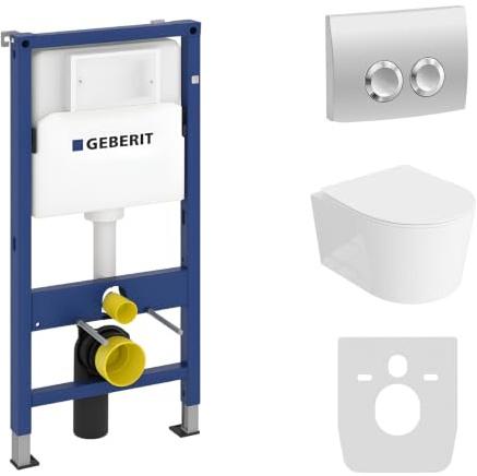 Lavita Duofix Basic Vorwandelement + Wand Tiefspül WC Loso Weiß Spülrandlos + WC Sitz + Bedienplatte Delta 25 Verchromt Knopf Komplettset Unterputz Spülkasten Toilette Komplett Sett WC