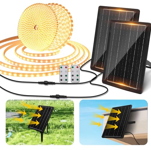 Aigostar Tira LED Solar Exterior 20M con Control Remoto 2 PCS, 200W 1200 LEDs Tira LED Exterior Impermeable IP65, Luz Calida 3000K para Jardín, Patio, Camino, Fiesta, Escalera