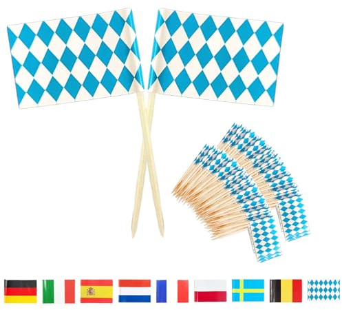 100 Stück Oktoberfest Zahnstocher Flaggen Bayerische Dekoration Blau Weiß Bayern Fahne Cupcake Toppers Oktoberfestsdeko Holzpicker Bierfest Geschirr Party Zubehör für Cocktail Obst Snack Würste