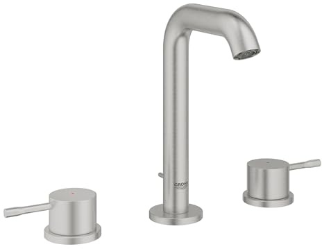 GROHE Essence 20296DC1 Mitigeur lavabo 3 trous avec bonde pop-up (montage sur bec, taille M 193 mm, levier en métal à double poignée, disque en céramique 90°, aérateur économiseur d'eau 5,7 l/min),