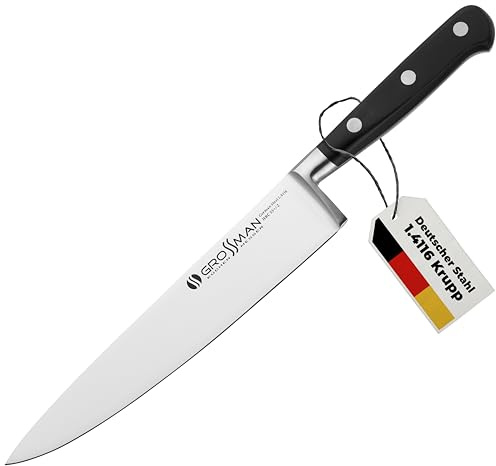 GROSSMAN® 002EP - Elite Pro | Kochmesser 31,5 cm | Ultrascharfer Küchenmesser | Deutschem Edelstahl Klinge 19,5 cm | mit Ergonomischen Griff 12,0 cm (150 Gramm)