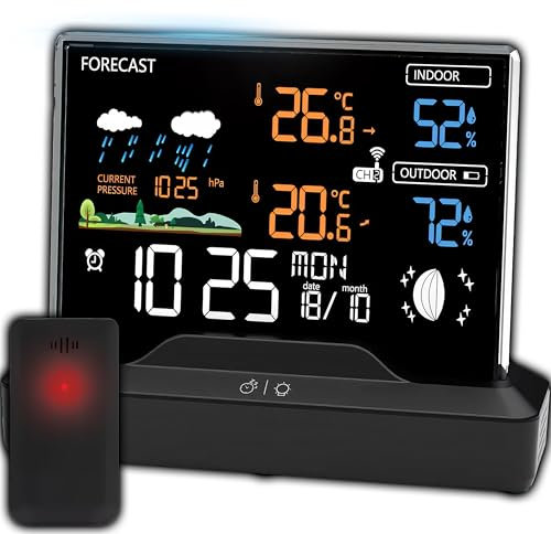 Retoo Wetterstation Funk mit Außensensor Funkwetterstation mit Wettervorhersage Innen und Außen Thermometer Hygrometer Barometer Luftfeuchtigkeit Funkuhr Sensor Reichweite 80m LCD Display Schwarz