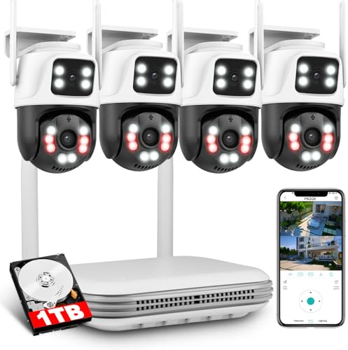 KERUI Überwachungskamera Aussen Set WLAN mit 8 CH NVR 4 Pcs 6MP Farbe Nachtsicht Dual-Linsen 360° Weitwinkel Kamera Überwachung Personenerkennung Automatisches Track 2-Wege-Audio mit 1TB HDD für 24/7