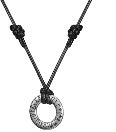 AFSTALR Collier Viking Runique Homme Nordique Viking Runes Acier Inoxydable Anneau Cercle Talisman Argent avec Chaîne Cuir Noir Collier Homme Cadeau Bijoux Longueur Réglable 36cm-60cm
