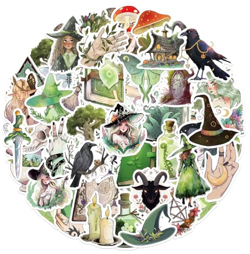 Waldhexe Sticker Set 50 Stück, Graffiti Wasserdichte Vinyl Cute Witch Aufkleber für Laptop, Wasserflasche, Reisekoffer, Helm, Handyhülle, Tagebuch, Scrapbook, Kinder Jugendliche