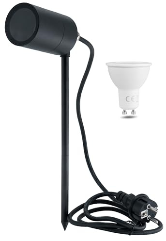 JungesLicht Edelstahl Spießleuchte schwarz IP44, GU10 Sockel, 230Volt, 1,5m Anschlusskabel, Gartenstrahler, Gartenleuchte, Wegeleuchte, Spotleuchte, Aussenleuchte (3000K warmweiss, 4Watt)
