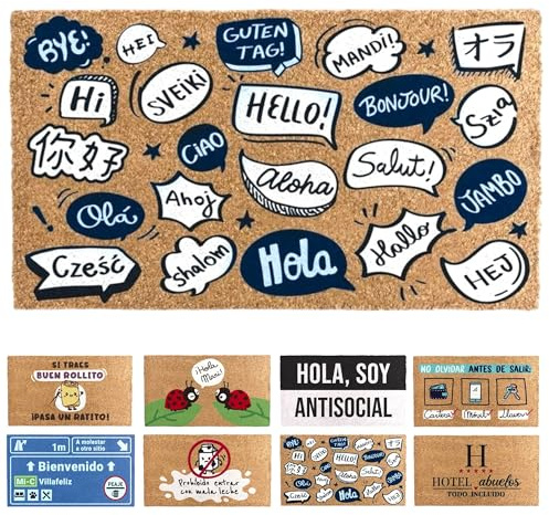 TIENDA EURASIA - Felpudo Entrada Casa | Diseños Originales y Divertidos | para Exterior | Rectangular | Material de Fibra de Coco y Base de Goma Antideslizante | Medida 40 x 70 cm (Idiomas)