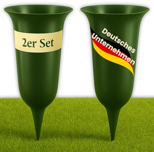 ELBKAISER – 2er Set Grabvase grün mit Erdspieß, Robuste Friedhofsvase für | Grabgestaltung, Grabvasen zum Stecken mit Sockel & Einsatz für frische Blumen, wetterbeständig, ideal für den Friedhof