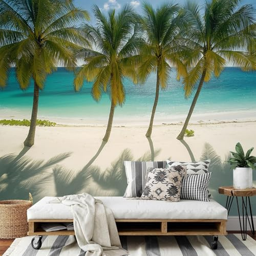 Papier Peint Panoramique 400x280cm (L×H), Plage Palmiers Papier Peint Tissu De Soie, 3D Effet Décoration Murale Poster, Île Eau De Mer Tableaux Muraux Photo Trompe L'Oeil Ornament