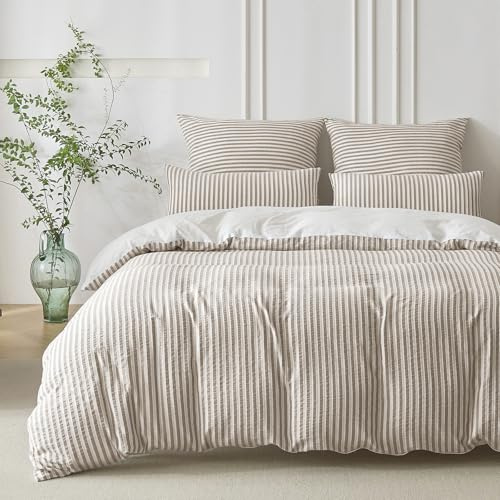 SOULFUL Bettwäsche 155x220 Baumwolle Gestreift, Jacquard Gewaschene Baumwolle Boho Bettwäsche-Sets mit Reißverschluss Öko-Tex 100 Zertifiziert-Braun