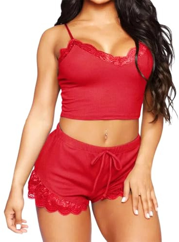 Satohom Womens Sexy Pyjamas Sets Lace Camisole and Shorts 2 Pieces Bride Pjs Set Soft V-Neck Sleepwear Loungwear Summer Adjustable Cami Tops Elastic Home Nightwear for Bedroom Plus Size S-XL Red