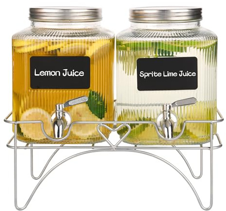 Deefongo 2 Stück 4L Getränkespender Aus Glas Mit Zapfhahn, Weithals Glas Getränkeverteilerkanne,Ständer Und Edelstahlhahn - Für Partys, Cocktails, Saft, Wasser Und Getränke