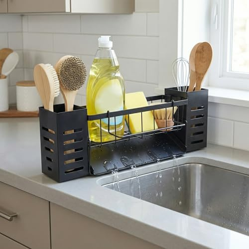 Abtropfgestell mit Selbstentleerender Ablaufwanne, Edelstahl Spülbecken Organizer, Geschirrabtropfgestell Schwarz mit Spültuchhalter und Aufbewahrungsbox, Küchen Organizer für Platzsparender