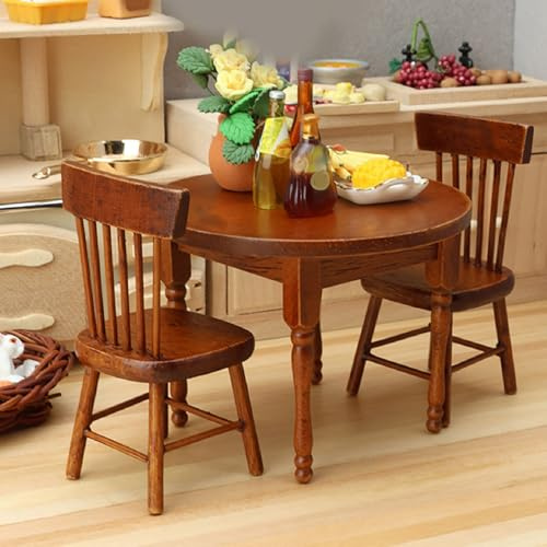 POENVFPO Dollhouse Möbel, 1:12 Tisch und Stühle für Miniaturen Birch Wood Esszimmer Set für Dollhouse Decor & Sammler