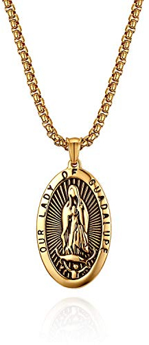 Flongo Rosenkranz Kette Halskette, Edelstahl Anhänger Halskette Kette Gold Golden Jungfrau Maria Heilige Maria Mutter Gottes Retro Medallion Herren,Damen