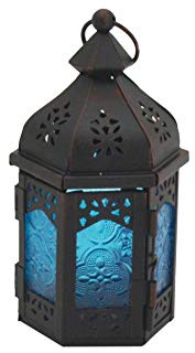Rebecca Mobili Ethnischer Kerzenhalter, Dekorative Laterne, Metallglas, Blau Schwarz, Garten Wohnzimmermöbel - Maße: 17 x 9 x 8 (HxLxB) - Art. RE6561