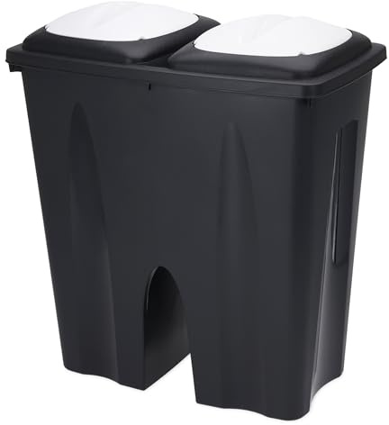 Spetebo Duo Mülleimer 50 Liter schwarz mit Push Deckel in weiß - 2x 25 L | Kunststoff Doppel Abfalleimer recycelbar mit Klappverschluss - Mülltrenner Abfallsammler Müllbehälter Doppeleimer Duo Bin