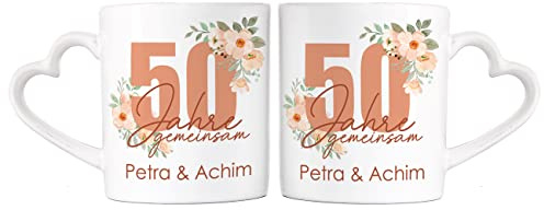Herz & Heim® Tassen mit Herzhenkel zur Goldenen Hochzeit mit Namen Blumig
