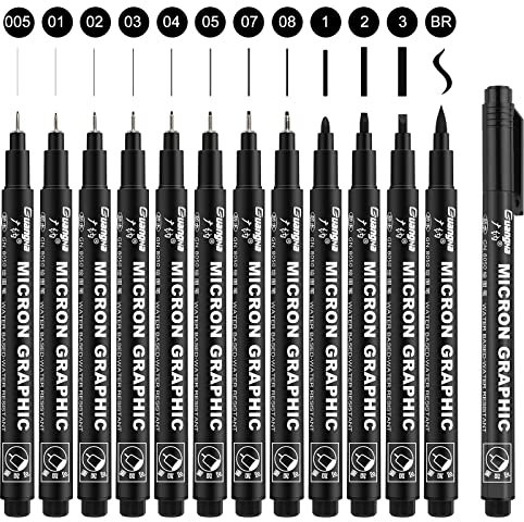 Schwarz Fineliner Stifte, 12 Stück Handlettering Stifte Fineliner Set, Wasserfester Zeichenstift Mikrofilamentstift zum Zeichnen, Schreiben, Illustrieren, Cartooning