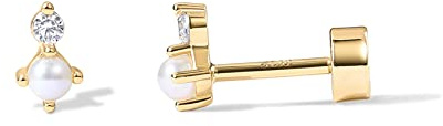 PAVOI 14K Yellow Gold Plated Solid 925 Sterling Silver Post Cubic Zirconia Flat Back Earrings for Women | Pearl Cartilage Earring | Helix Piercing Jewelry | Small Stud Earrings