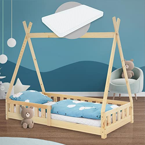ML-Design Barnsäng tipi 80x160 cm natur med madrass, fallskydd och lamellram, gjord av furu, indisk säng massivt trä för tjejer och pojkar, hussäng med staket, ungdomssäng leksäng träsäng