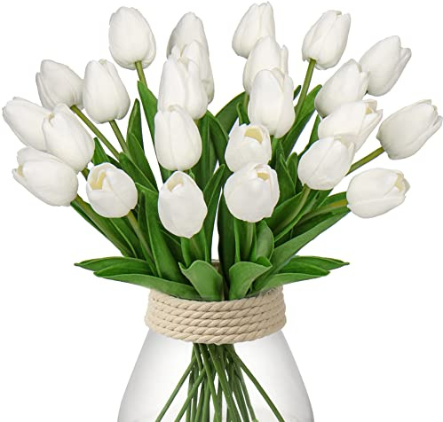 24 Pcs Künstliche Blumen Tulpen, Kunstblumen Sehr Echt, Plastikblumen PU Latex Real Touch, Gefälschte Blumen Tulpen Weiß für Hochzeit Home Decor, Wohnzimmer, Büro, Hotel, Küche