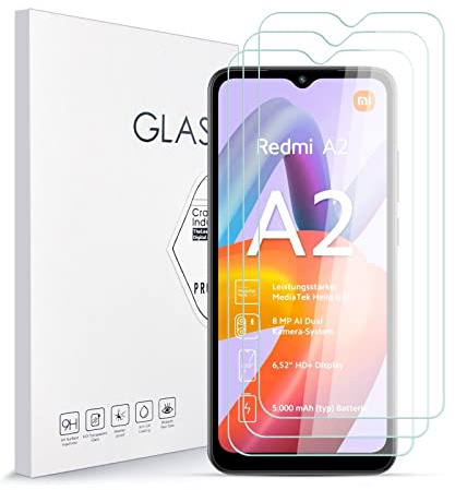 Asoway Protector de Pantalla para Xiaomi Redmi A2 [3 Piezas] | Vidrio Templado Dureza 9H, Antiarañazos, Antihuellas, Sin Burbujas, Ultra Resistente, Fácil de Instalar