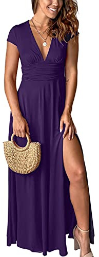 QUNERY Robe Longue Femme Ete Robe de Plage Manches Courtes Robe D'été Casual col en V Taille Haute Robe Cocktail Demoiselle d'honneur Mariage Fête Aniversaire La Couleur Violette M