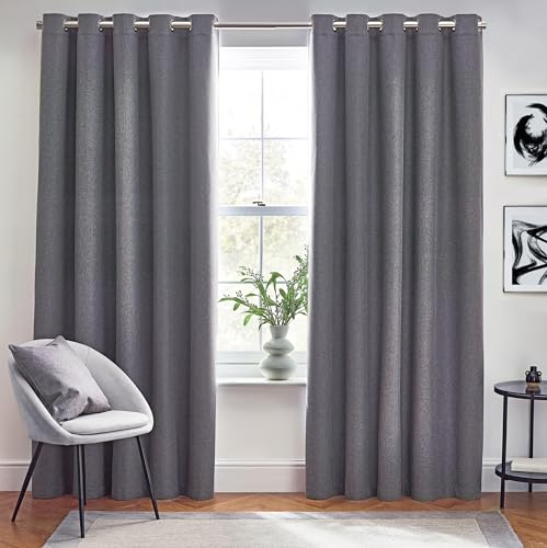 furn. Dawn Textured Blackout Eyelet Curtains – Thermal Lined Pair (Charcoal - Width 168 x Drop 229cm)