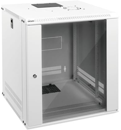 Tecmojo 12U 19 tum IT-utrustning, rack nätverksskåp, med glasdörr och låsbara sidopaneler, kylfläkt, 45 cm djup, vit