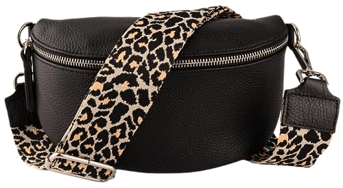 MIRROSI® Bauchtasche Damen, Echtleder, Made in Italy, Umhängetasche, Brusttasche, Crossbody Bag (1 Tasche & 2 Gurte) (Schwarz (Leo Schwarz), Mittelgroße Tasche (25x16x7cm))
