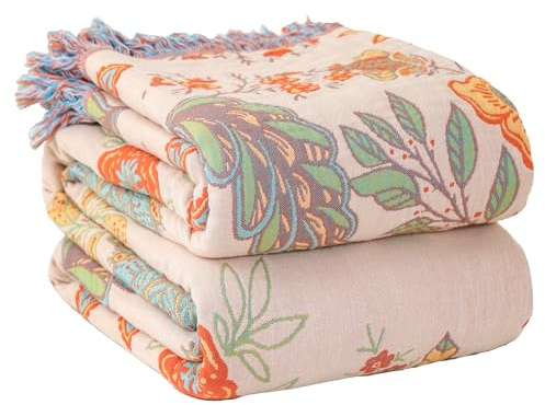 Wotcsil Tagesdecke Boho Decke 100% Baumwolle Kuscheldecke Baumwolldecke | Wärme Vielseitige Tagesdecke Kuscheldecke Boho Sofadecke Sofaüberwurf für Sofa Bett Bettüberwurf, 150x200cm, Grün Orange