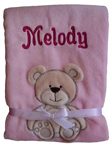Wuff-Dogsworld Babydecke rosa mit Namen Bestickt Motiv Teddy-Bär Kuscheldecke Kinder Geschenk Baby