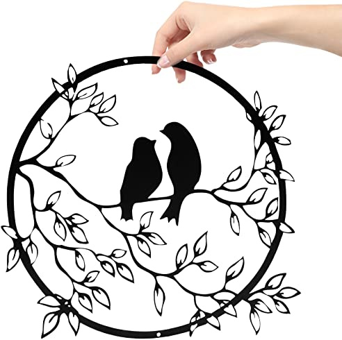 Rikmody Metal Bird on Tree Branch, Metal Wall Art Decor, Modern Minimalist Silhouette Wall Hanging Decoration Gift, Black Line Wall Sculptures Home Bedroom Living Room Garden Studio Bar (30x30CM) (A)