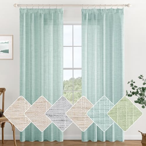 MIULEE Gardinen mit Kräuselband, Leinenoptik 140x225 cm Blau, 2er Set | Moderne Durchscheinende Voile Vorhänge mit Kräuselband, Leinenoptik für Wohnzimmer Schlafzimmer, Passend für Schienensysteme